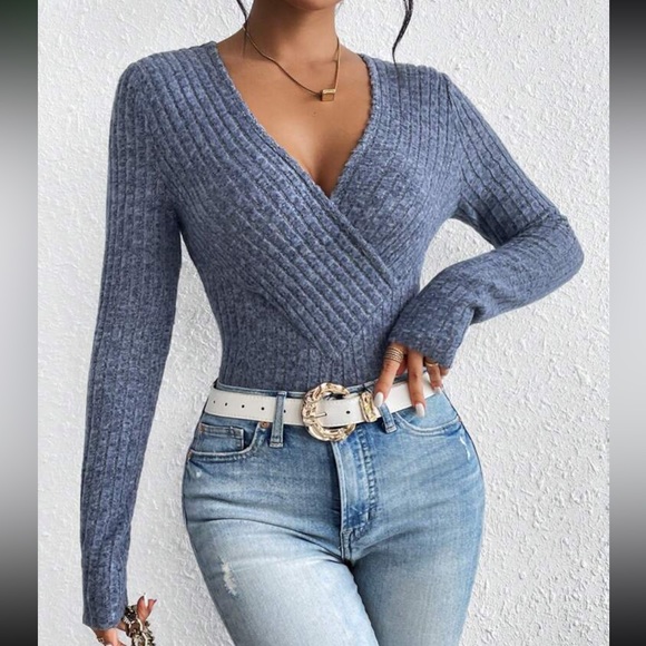 Ribbed Surplice Neck Slit Top main image 0